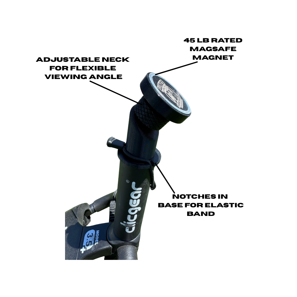 Luna's Phone Holder for Push cart Umbrella Ports, MagSafe Compatible Mount, 45lb Rated Magnet, Adjustable Neck, for iPhone 12 and Later, Golf Cart Compatible