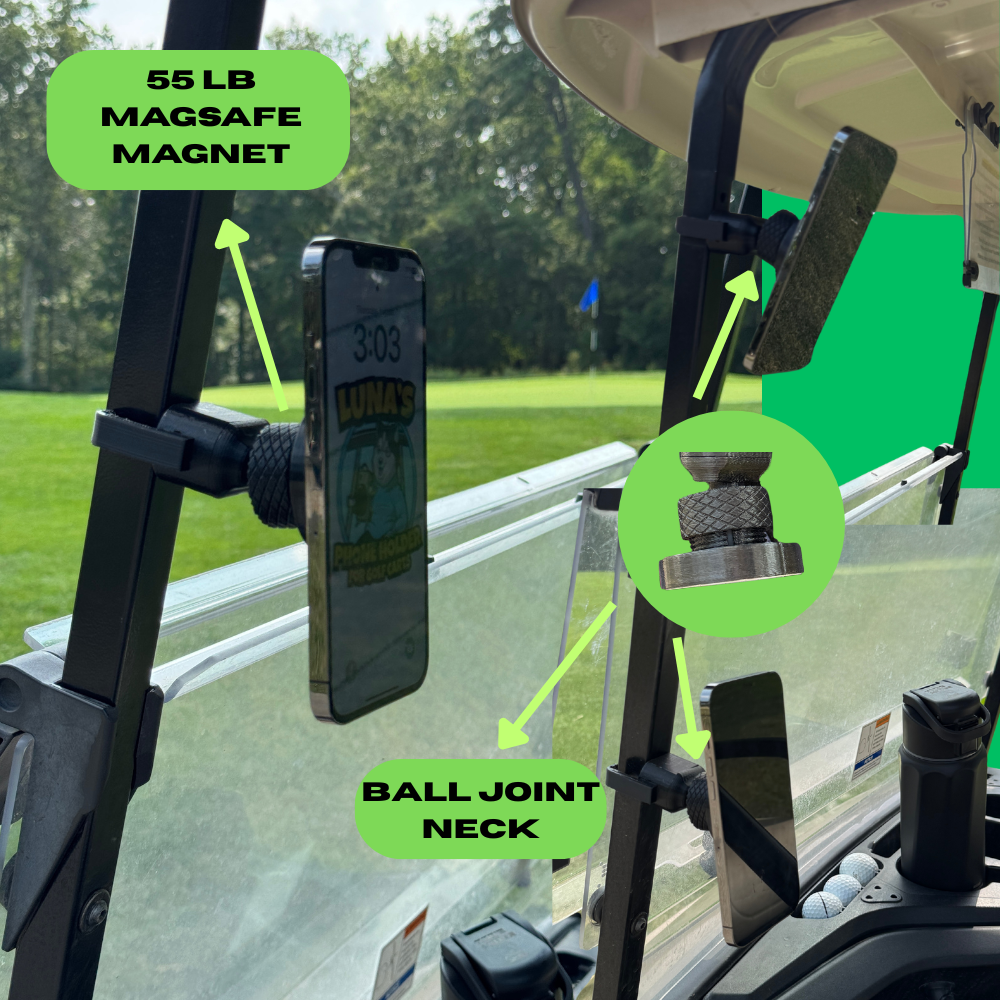 Luna's V2 Golf Cart Mount for MagSafe Compatible Phones - Universal Fit, Extreme Magnetic Strength, Quick Access Carabiner, Secure Grip, Versatile Design