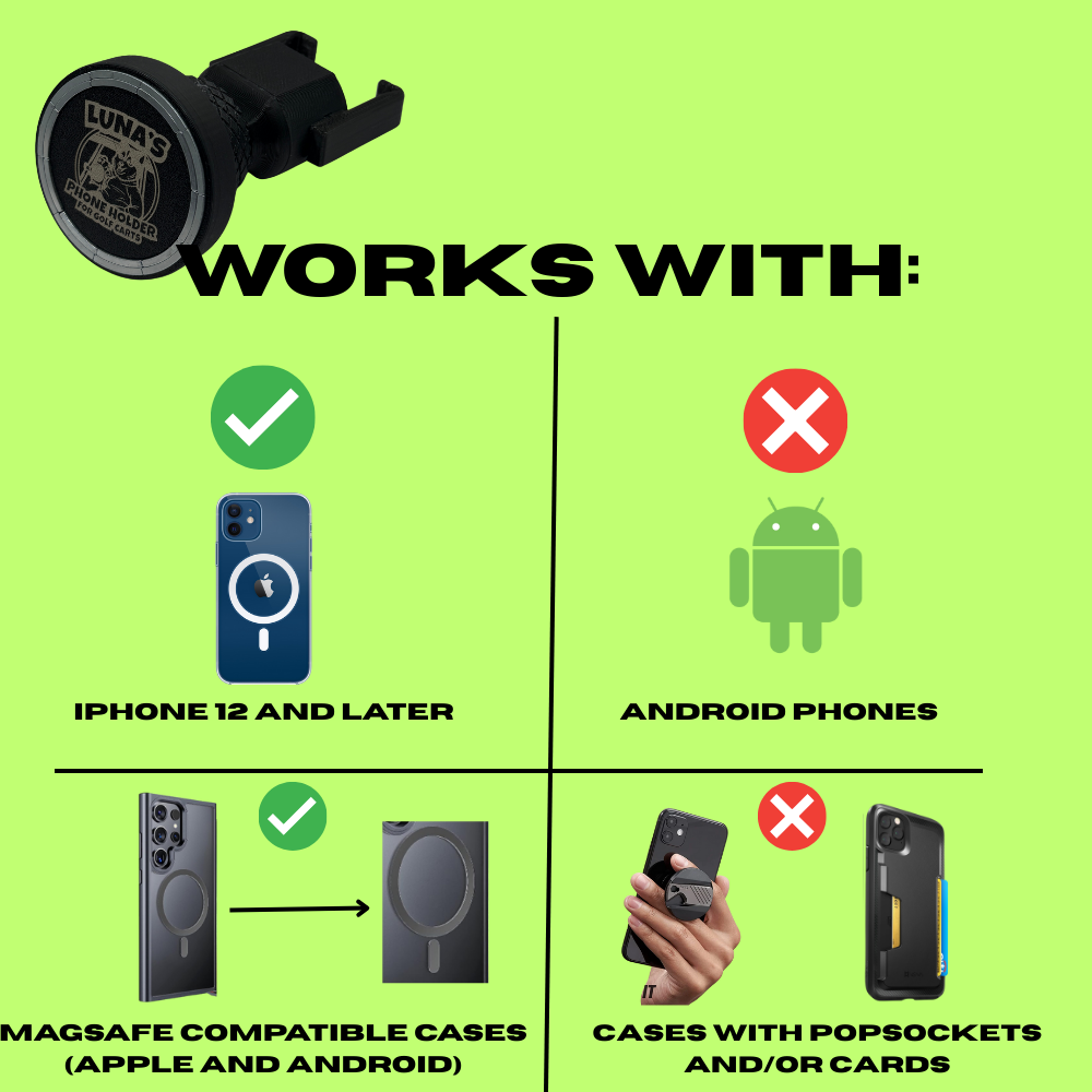 Luna's V2 Golf Cart Mount for MagSafe Compatible Phones - Universal Fit, Extreme Magnetic Strength, Quick Access Carabiner, Secure Grip, Versatile Design