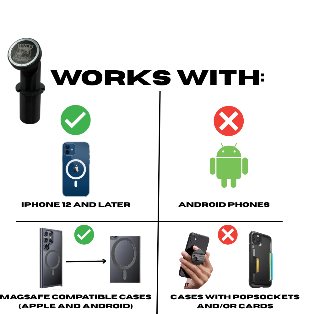 Luna's Phone Holder for Push cart Umbrella Ports, MagSafe Compatible Mount, 45lb Rated Magnet, Adjustable Neck, for iPhone 12 and Later, Golf Cart Compatible